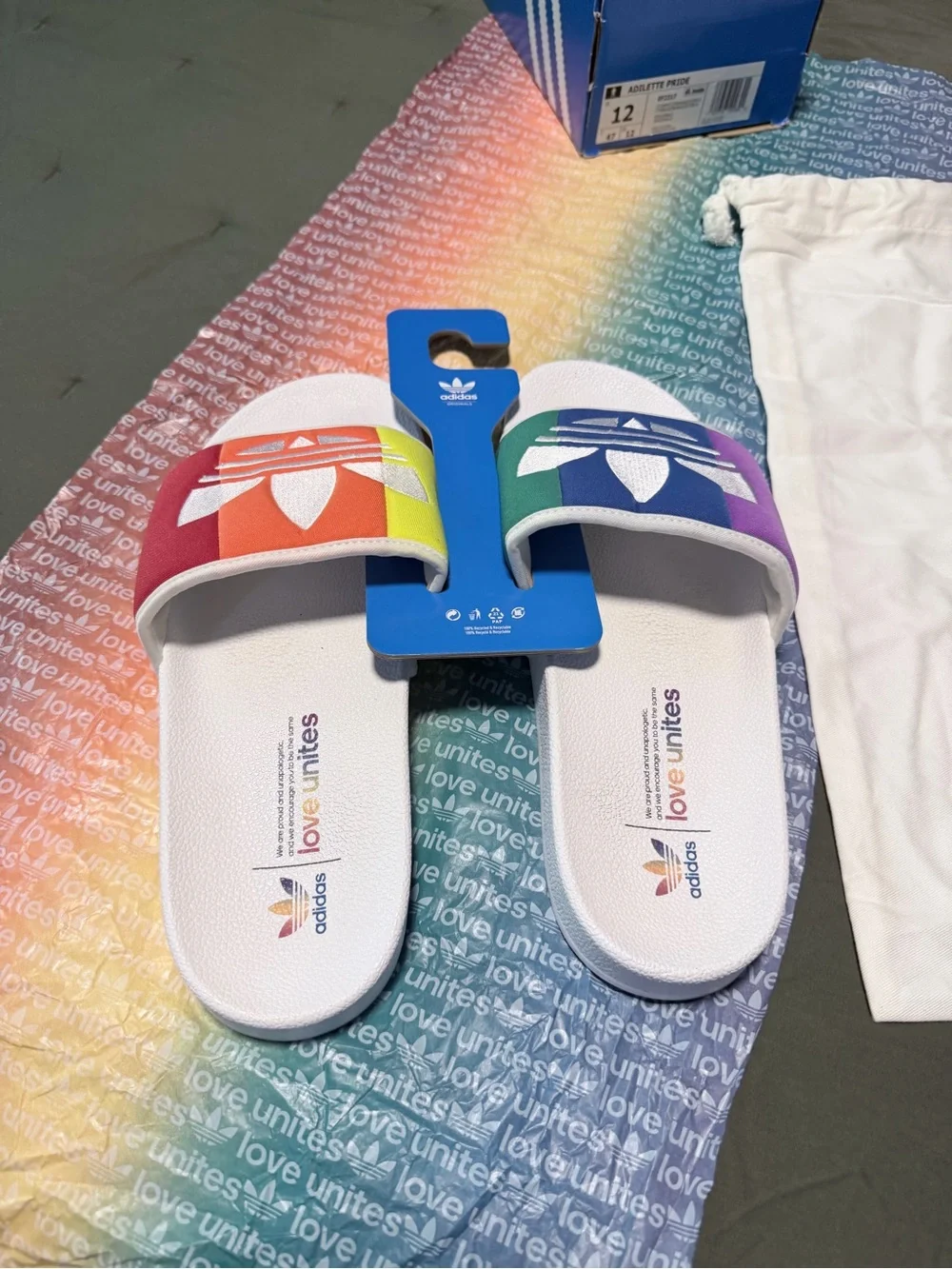 adidas White Slides with Multicolor Rainbow Straps